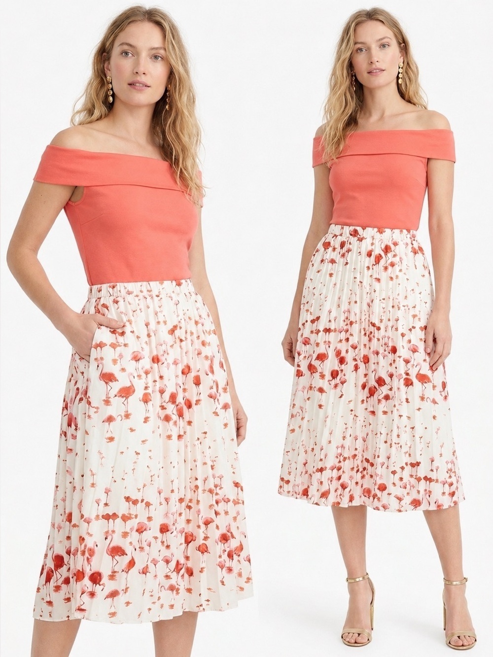 J.Crew flamingo print pleated a-line pull-on midi skirt *shop@iamwarrior